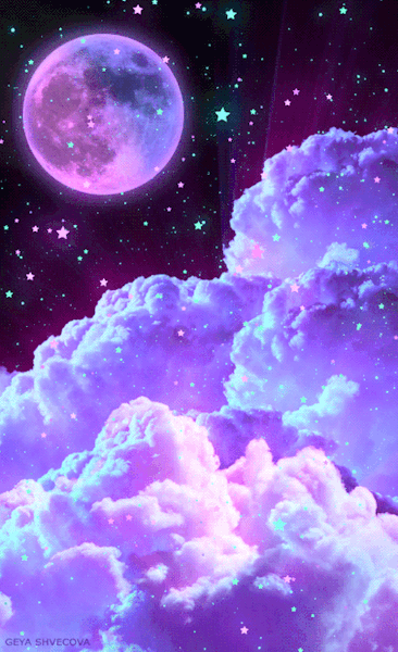 neon stars twinkling across a sea of purple clouds in front of a magenta full moon